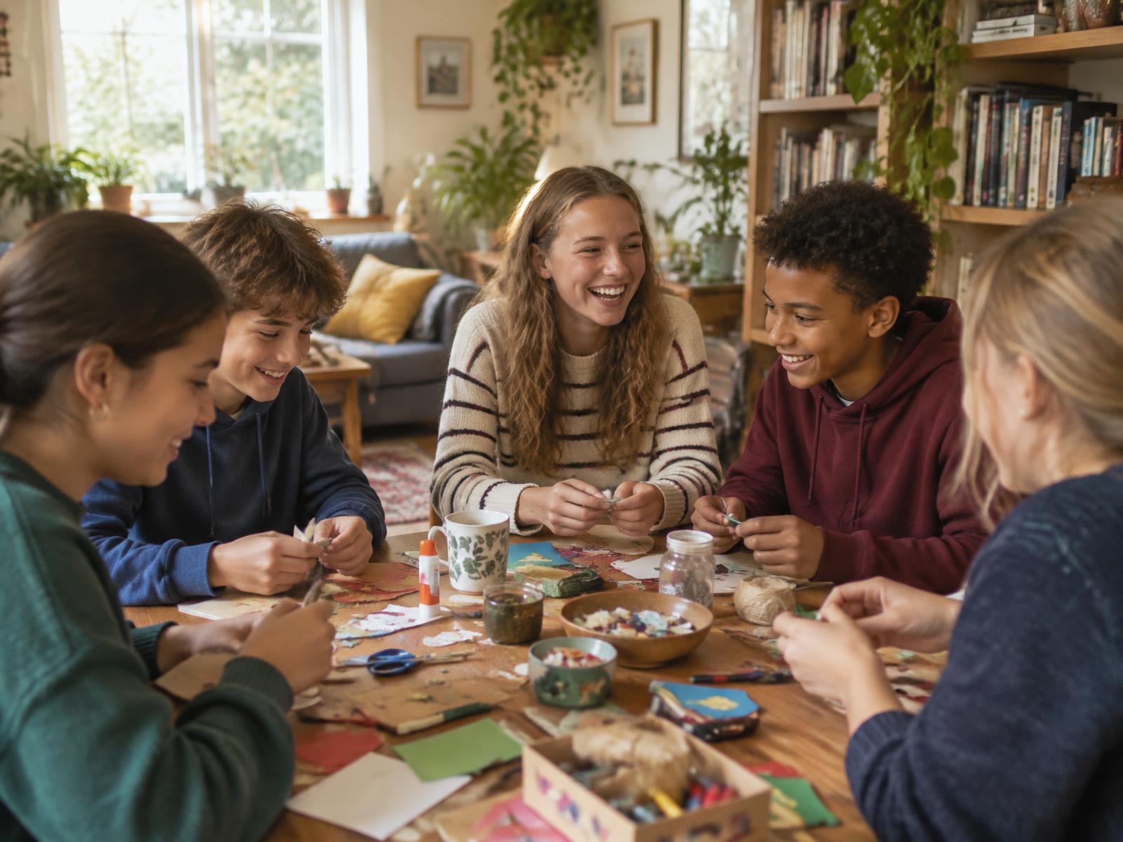 Children and young people laughing together while doing a craft activity around a dining table